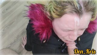 cute schoolgirl in a jacket learns to do a blowjob and gets a lot of sperm on her face and jacket
